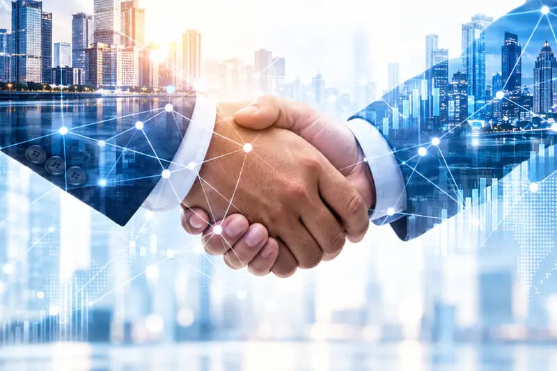 Business partners shaking hands with a connected city in the background