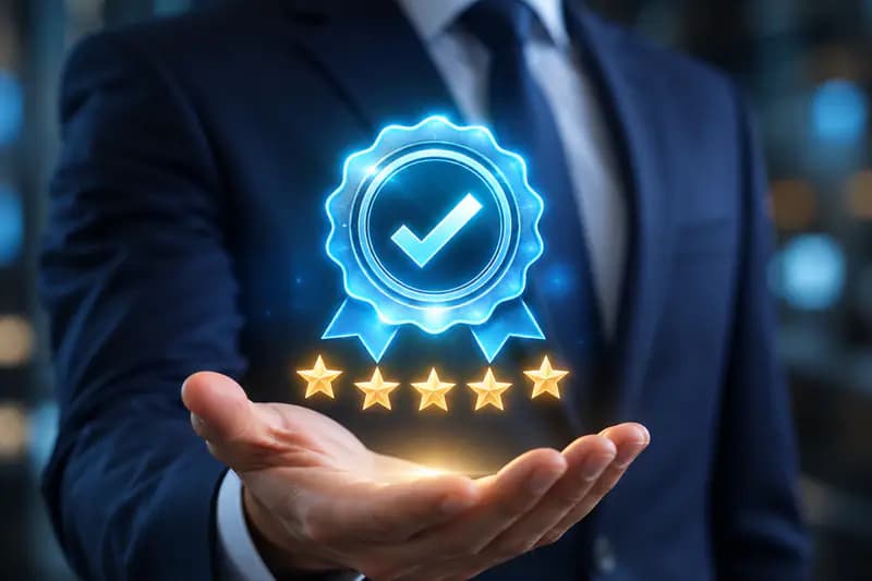A quality badge and five stars held by a business professional